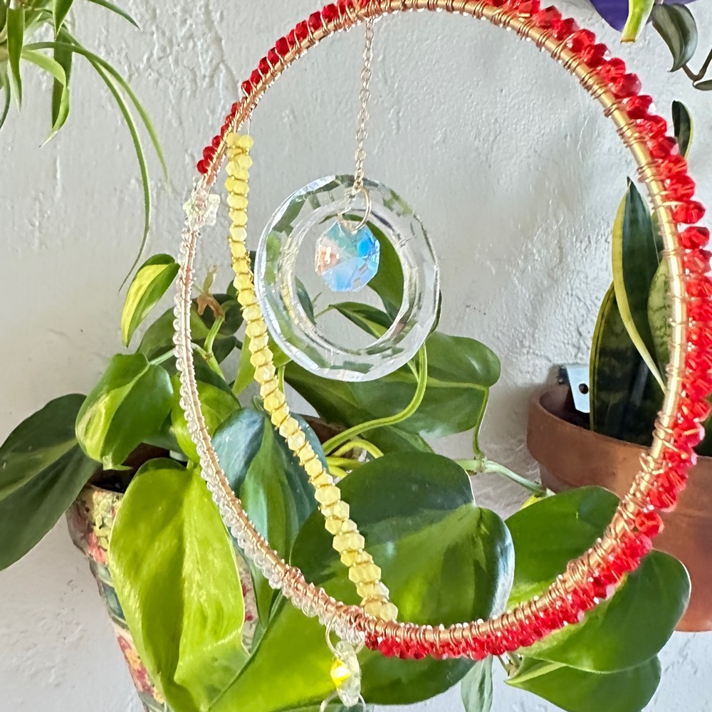 Crystal Red and Gold Beaded Sun Catcher